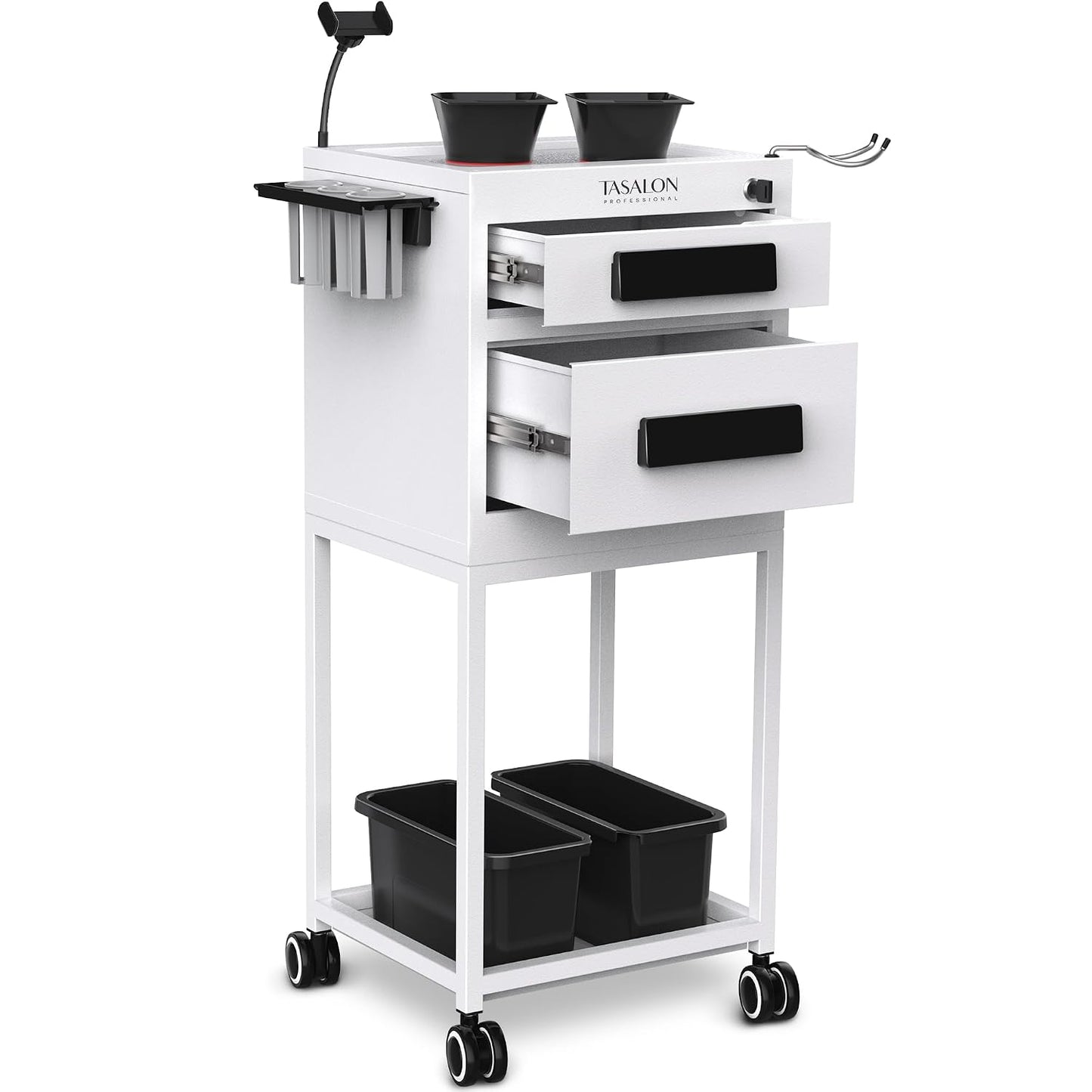 Metal Lockable Salon Cart with Wheels - Rolling Barber Trolley for Hair Stylists | 2 Magnetic Bowls & Drawers