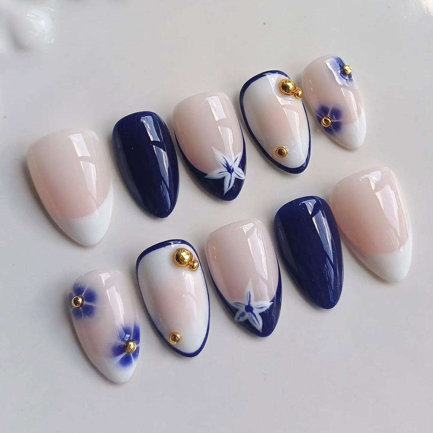 French Tip Press-On Nails - Short Square Floral Design with 3D Rhinestones | 24 Pcs Glossy Acrylic Set