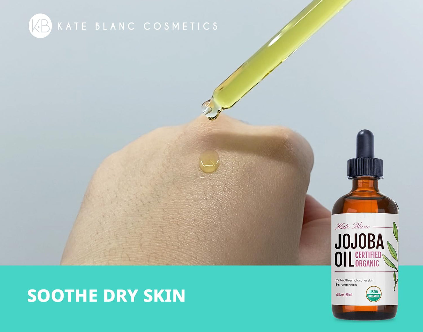 Kate Blanc Cosmetics Organic Jojoba Oil - 100% Pure Cold Pressed Moisturizer for Hair, Skin & Nails | 4oz Glass Bottle