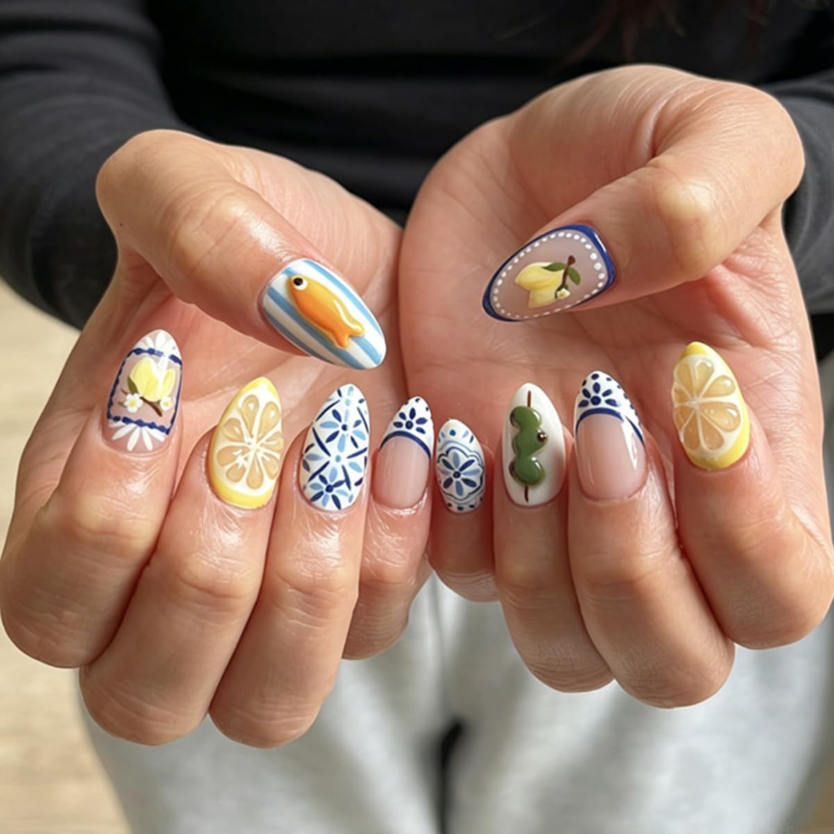 30Pcs Summer Press On Nails Almond Medium Fake Nails with 3D Goldfish Lemon & Blue Floral Design Bohemia Style French Tip Acrylic False Nails Reusable Full Cover Glue On Nails for Women Manicure
