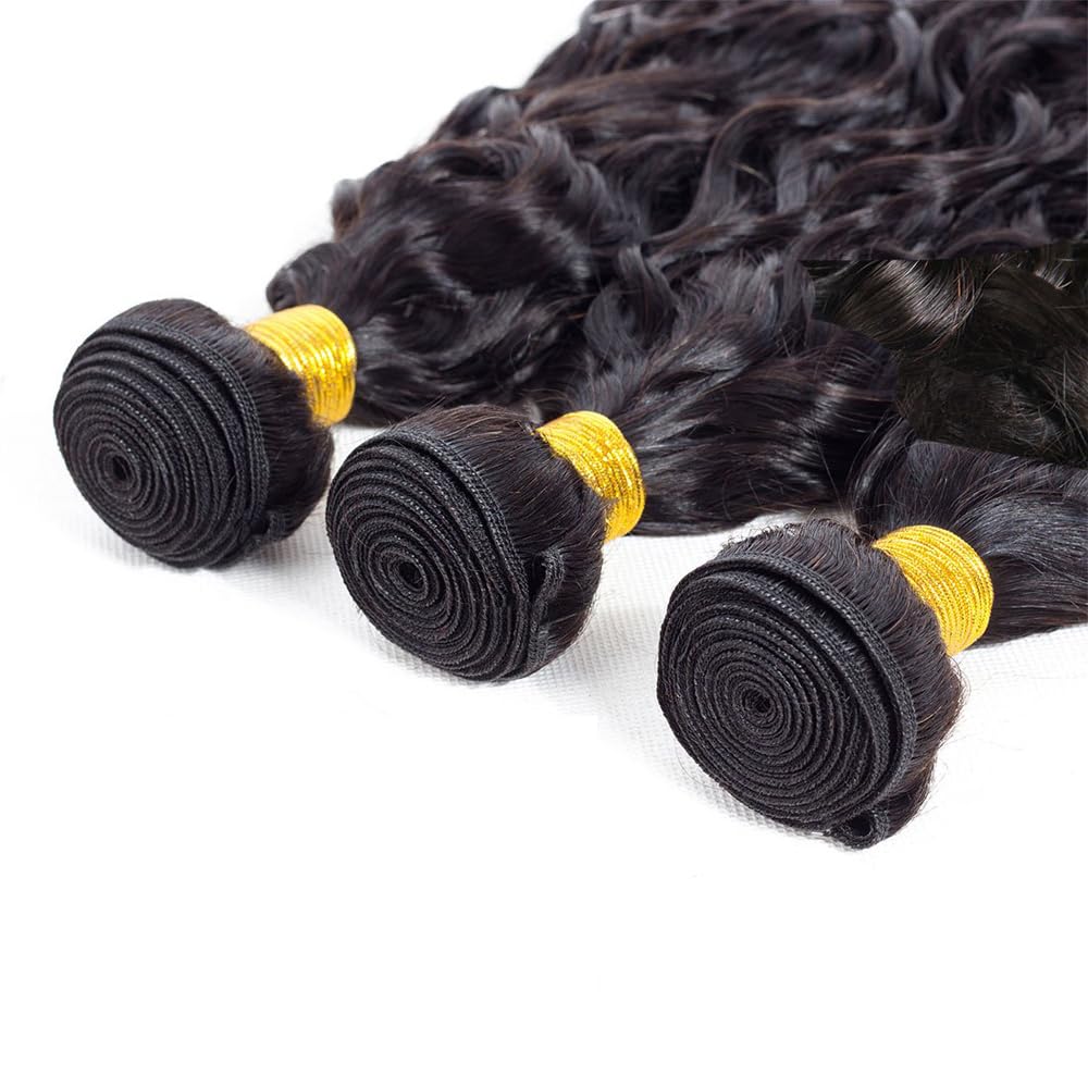 Freiuoke 14 16 18 Inch Water Wave Bundles Human Hair 150g Double Weft for Women Unprocessed Brazilian Virgin Hair Extensions Natural Black 3 Bundles