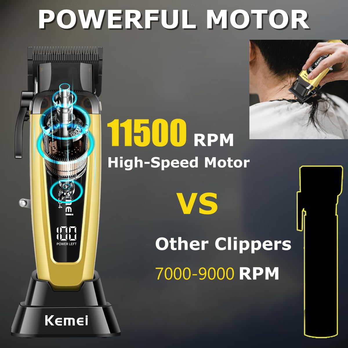 KEMEI 90-4 Professional Hair Clippers for Men, 11500 RPM Barber Clippers with LED Display, Cordless Hair Trimmer with DLC Blade & Charging Base, 2000 mAh Hair Clipper for Barbers Haircut Kit, Gold