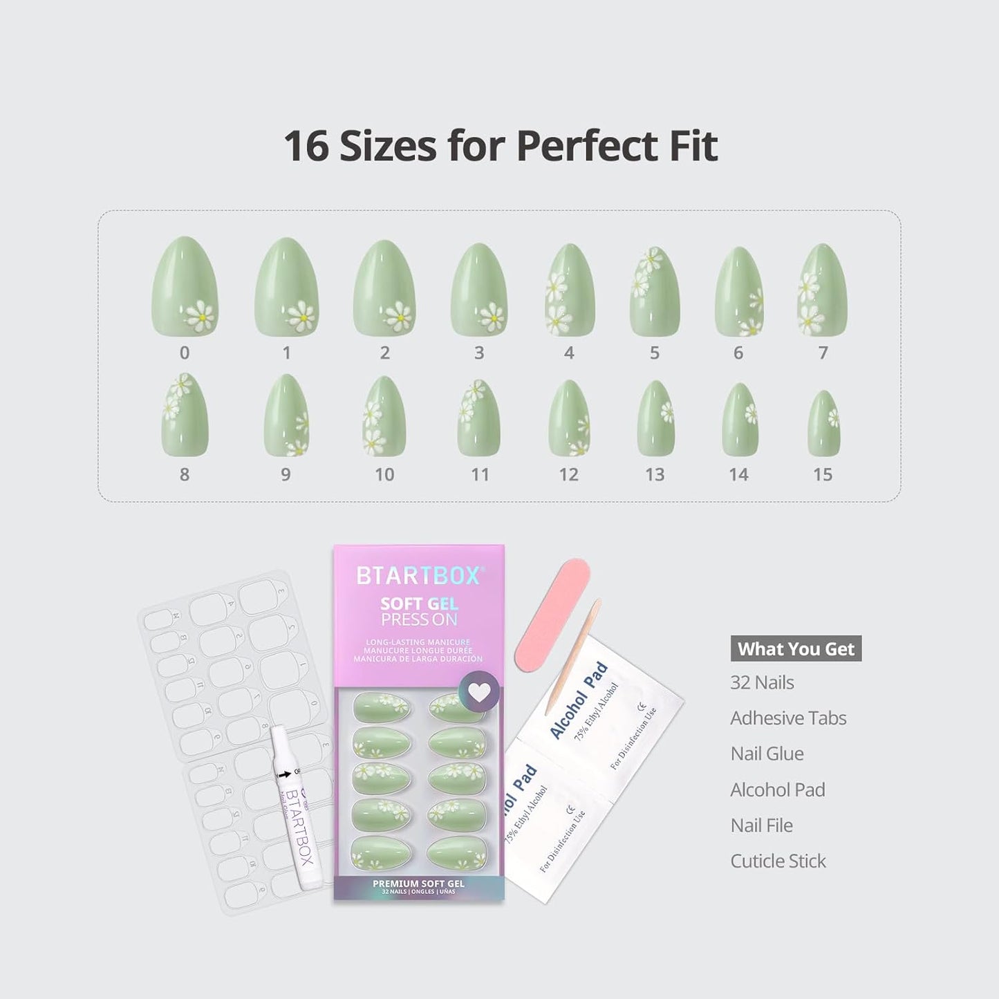 Press On Nails - Meadow Daisy 3D Flower Design | Easy-Apply Almond Shape in Pastel Green - 32 Nails, 16 Sizes Included