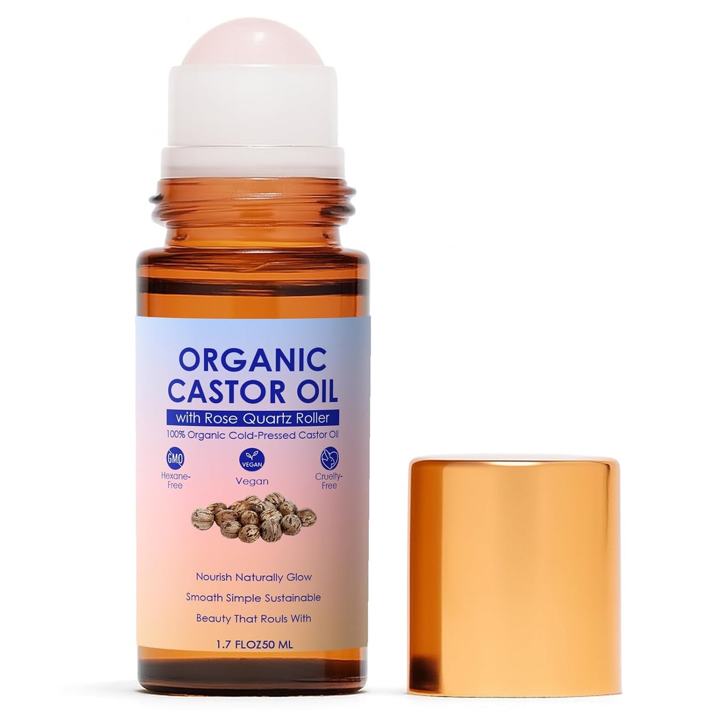 Organic Castor Oil Rose Quartz Roller - 100% Pure Hydrating Roll-On for Radiant Skin | 1.7oz