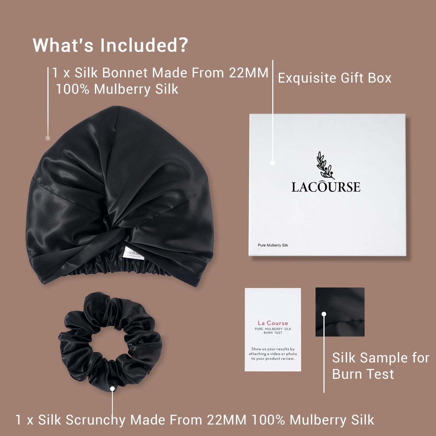 LaCourse Anti-Slip Adjustable Real 22 Momme 100% Mulberry Silk Bonnet with Scrunchie for Sleeping Women, Double-Layered Silk Hair Bonnet for Curly Hair, One Size (21-24 inch Head Size), Black