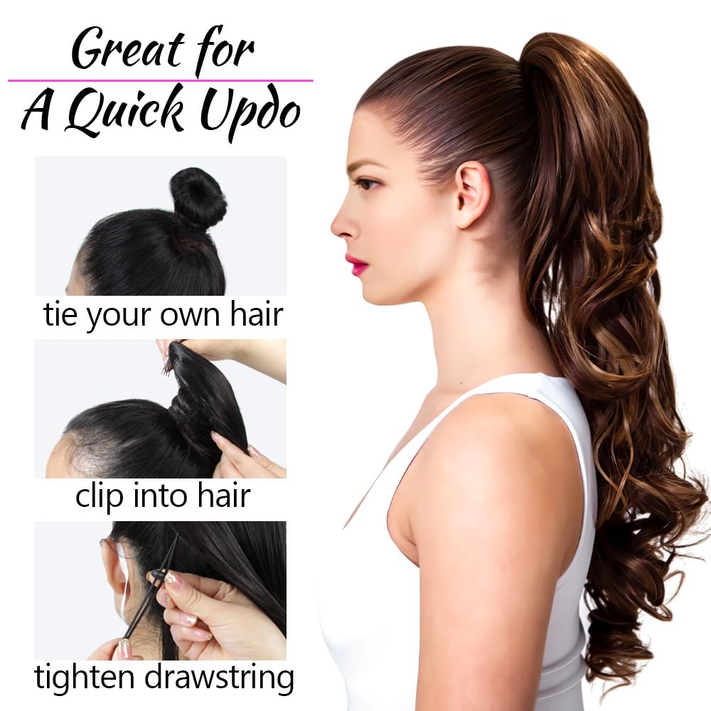 Curly Ponytail Drawstring, 16 In, Light Brown with Highlights