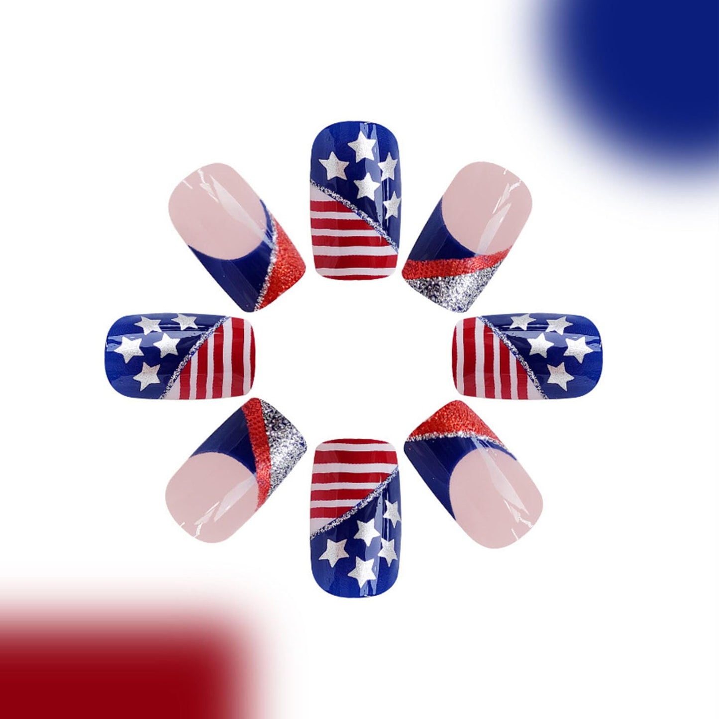 4th of July Short Press on Nails Square Red Blue French Tip Fake Nails Press ons Pink Full Cover False Nails White Star Glue on Nails Independence Day Artificial Stick on Nails