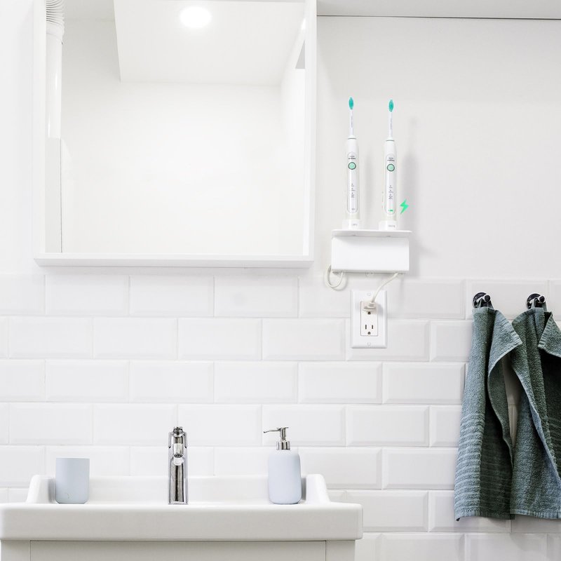OAPRIRE Electric Toothbrush Holder for Bathroom, Acrylic Electric Toothbrush Holder Wall Mounted Come with Cable Organizer, Saving Space and Convenient Charging - White