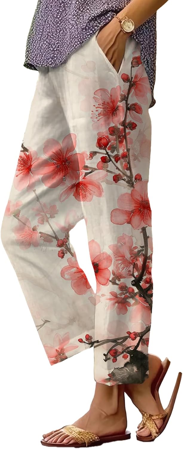Women's Boho Floral Wide Leg Capris - Elastic Waist, Loose Fit Beach Pants | Casual Summer Trousers