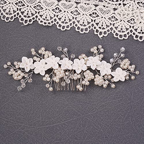 Dainty Silver Flower Pearl Rhinestone Bridal Hair Comb for Wedding