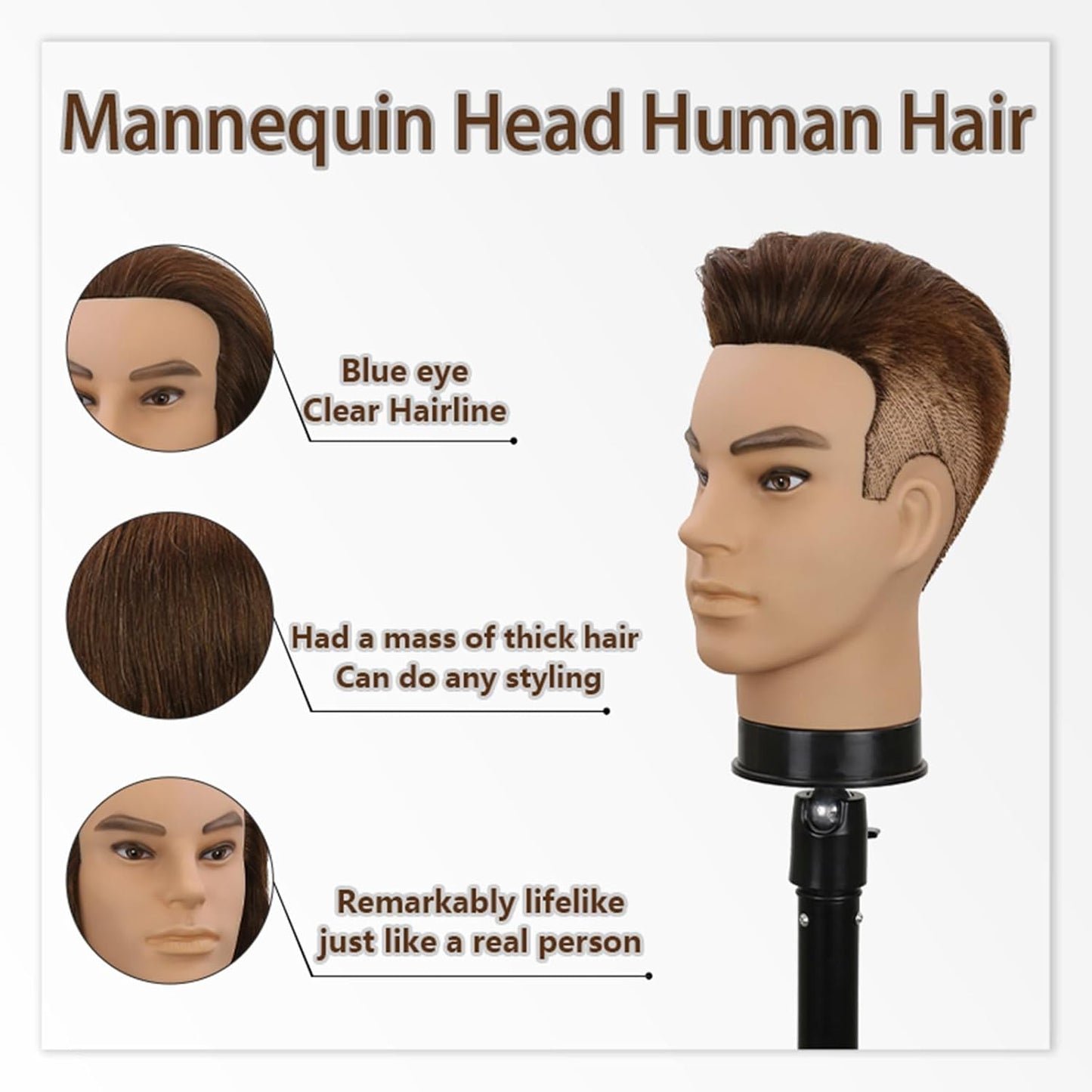 Male Barber Mannequin Head - 12-Inch Real Human Hair Styling Practice Doll | Haircut & Hairdresser Training Tool