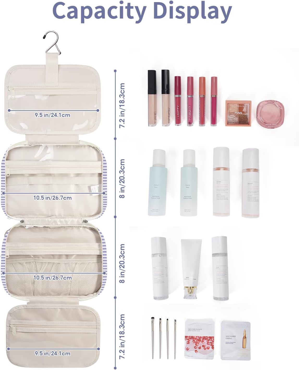 Narwey Hanging Toiletry Bag for Women - Travel Makeup Organizer | Medium Greyish Blue Stripe