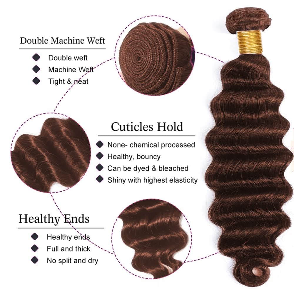 HeioWuio 16 18 20 Inch #4 Brown Bundles Deep Wave 3 Bundles Human Hair Brazilian Remy Hair 50 Grams/Bundle Unprocessed Virgin Hairs Chocolate Brown Color Deep Wave Bundle Weaves Extensions