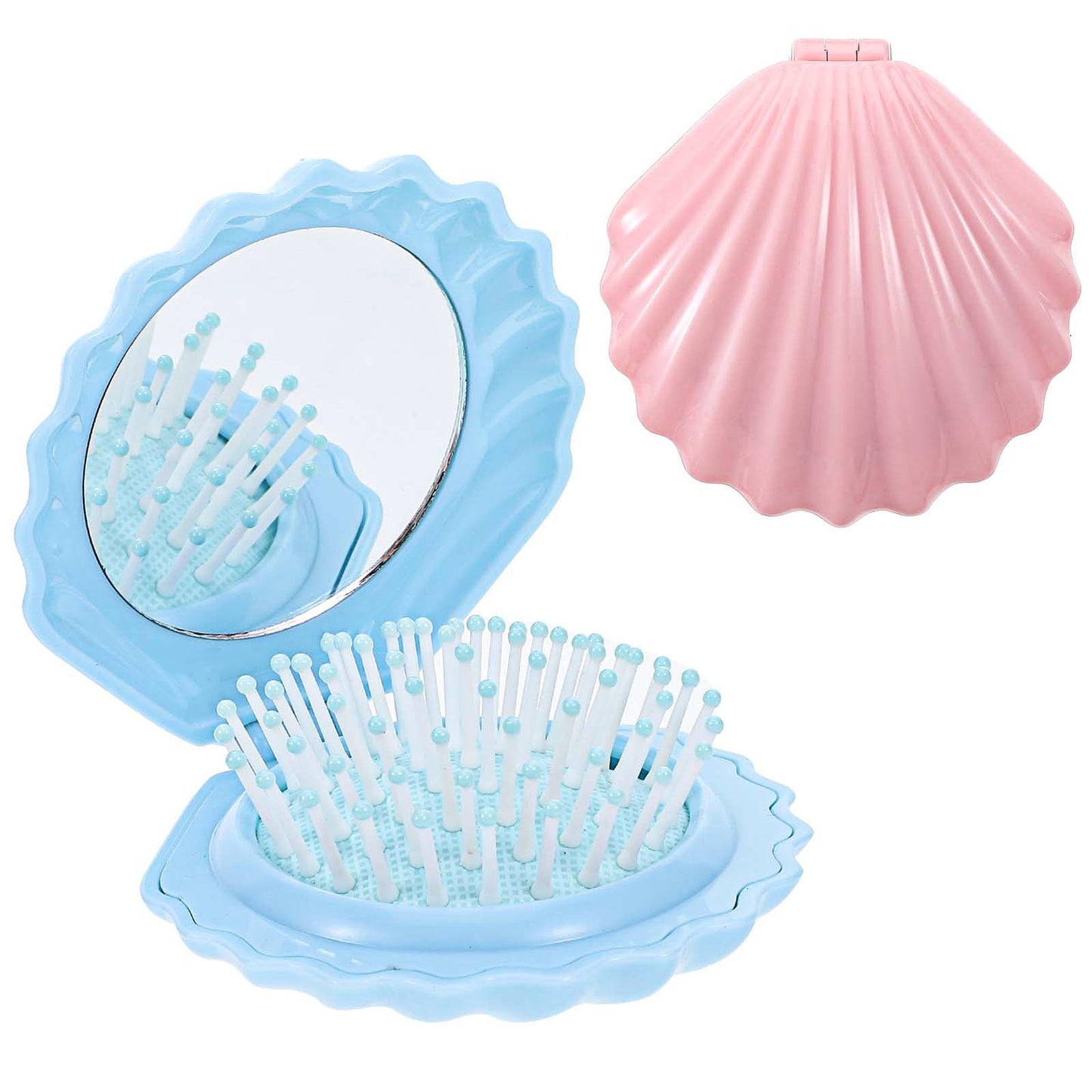 Nogeqi 2 Pcs Shell Shape Foldable Mini Brush for Hair,Travel Size Hair Brush with Mirror,Conch Folding Hair Brush,Portable Compact Hair Brush for Women and Purse Must Haves (Blue Pink)