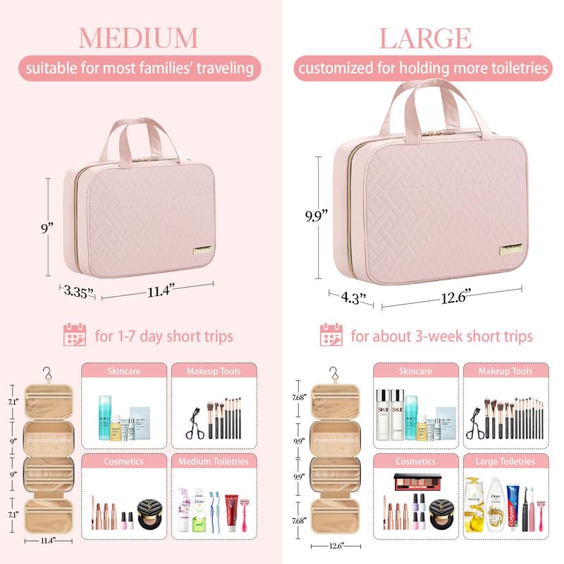 HOTOR Medium Pink Hanging Travel Toiletry Bag Women Men Compact Organizer