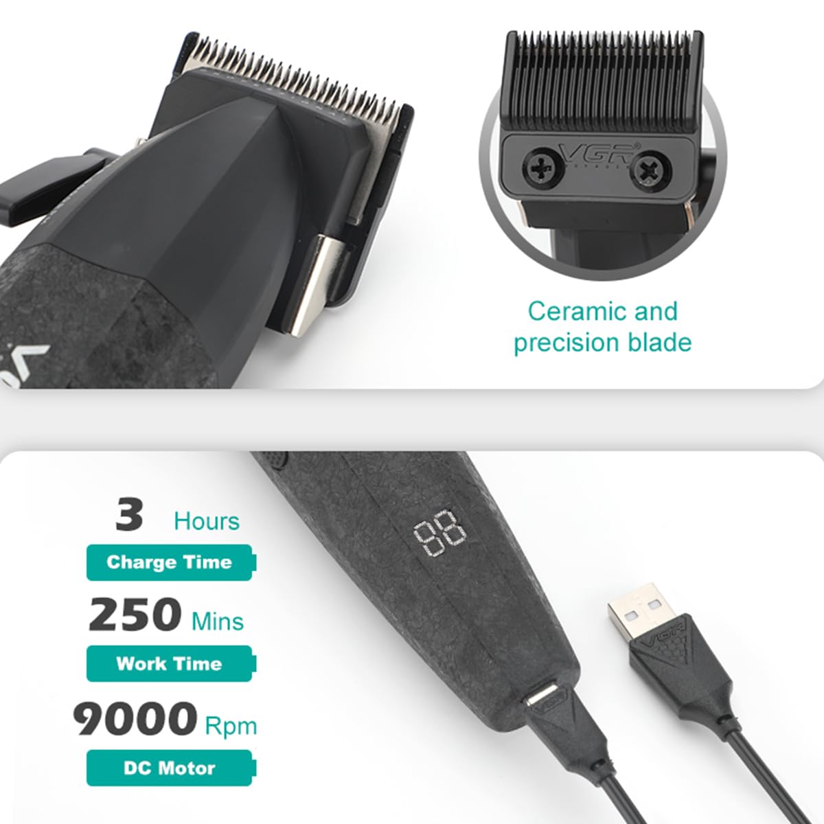 VGR 640 Professional Hair Clippers for Men, 9000RPM Cordless Barber Clippers and Trimmers Set, Zero Gap T-Blade Hair Cutting Kit, DLC Coated Ceramic Blade Barber Kit with LED Display(Black)