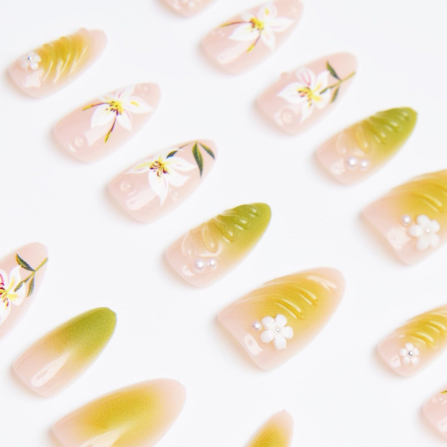 Spring Flower Press-On Nails - Hand-Painted 3D Floral Design | Medium Almond Shape, Green Gradient