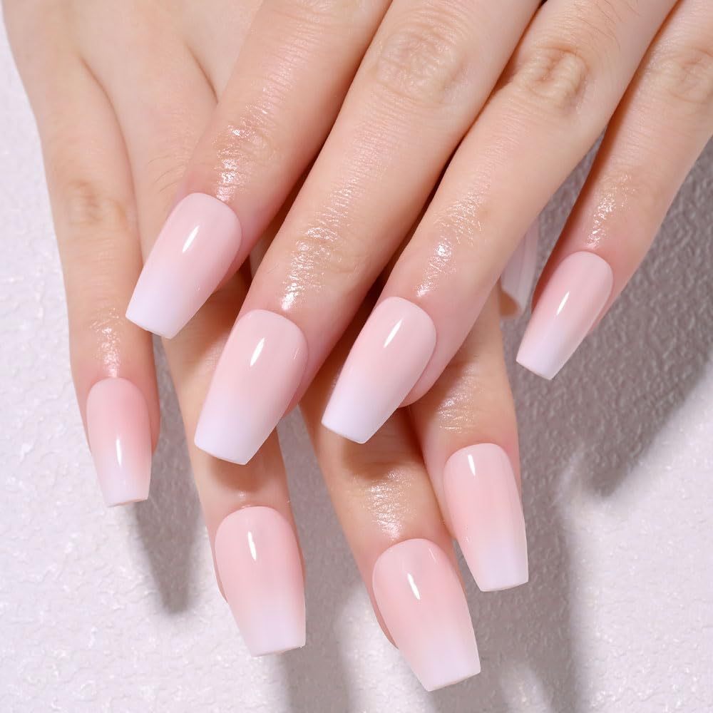 Ombre Press-On Nails - White & Light Pink Coffin Acrylic Design | 30 Pcs Reusable DIY Nail Art Kit for Women