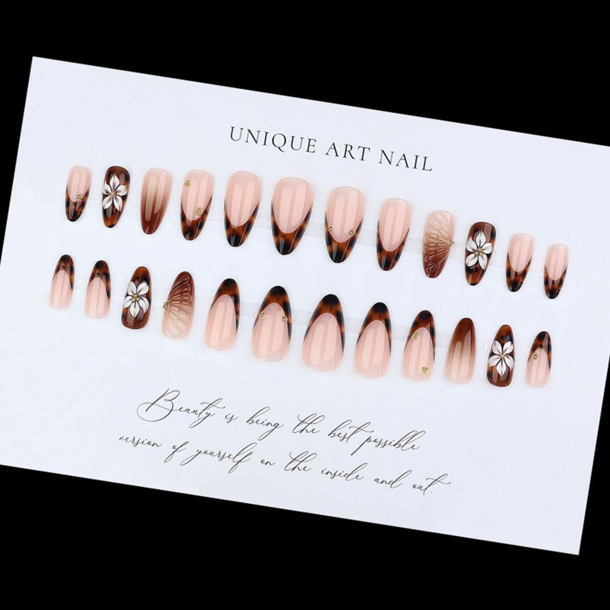 Short Almond Press-On Nails - 24 Pcs French Tip with Leopard Print & Gold Beads | Reusable Acrylic Nail Designs for Women