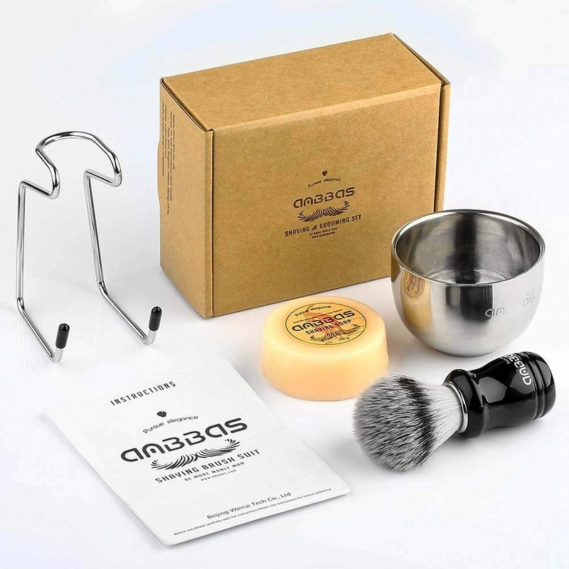Anbbas Synthetic Badger Hair Shaving Brush,Stainless Steel Shaving Stand and Bowl,Goat Milk Shaving Soap 100g for Men Wet Shave Kit