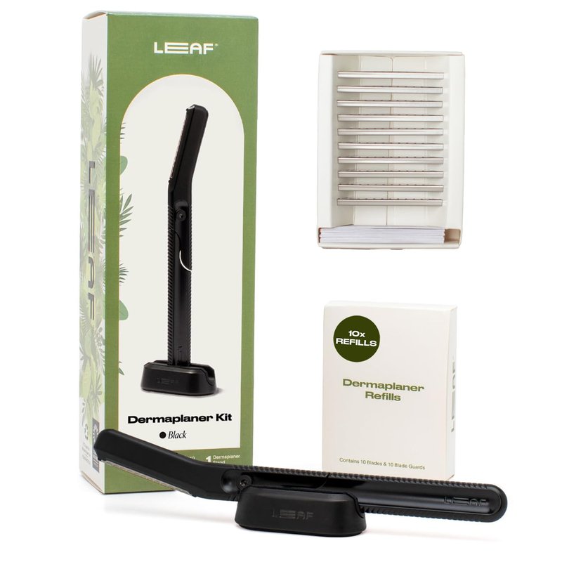 Leaf Shave | Leaf Dermaplaner Kit, All-Metal Reusable Dermaplane Razor and Exfoliating Tool for Women, Includes Matching Stand and 10-Pack of Refills - Black