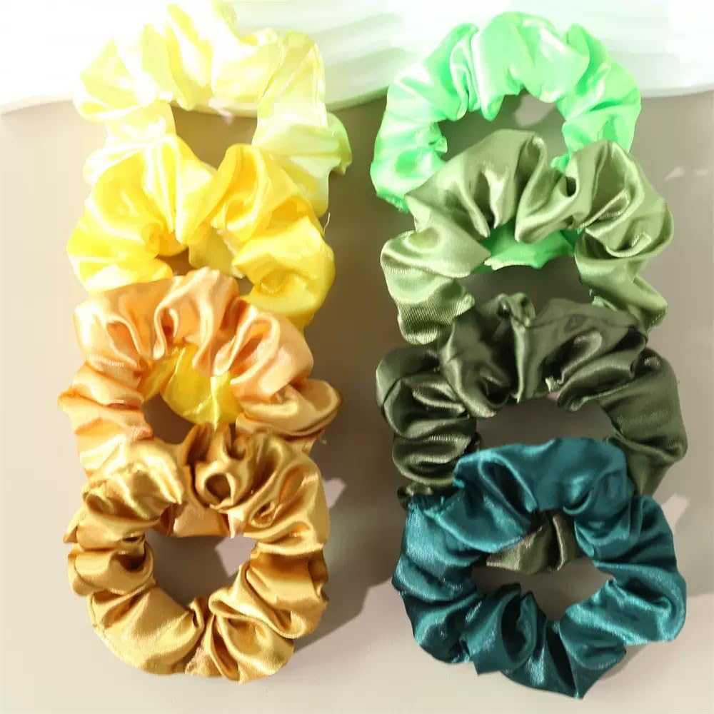 8Pcs Satin Silk Scrunchies Soft Hair Ties Fashion Hair Bands Hair Bow Ropes Elastic Bracelets Ponytail Holders Hair Accessories for Women（Yellow+Green）