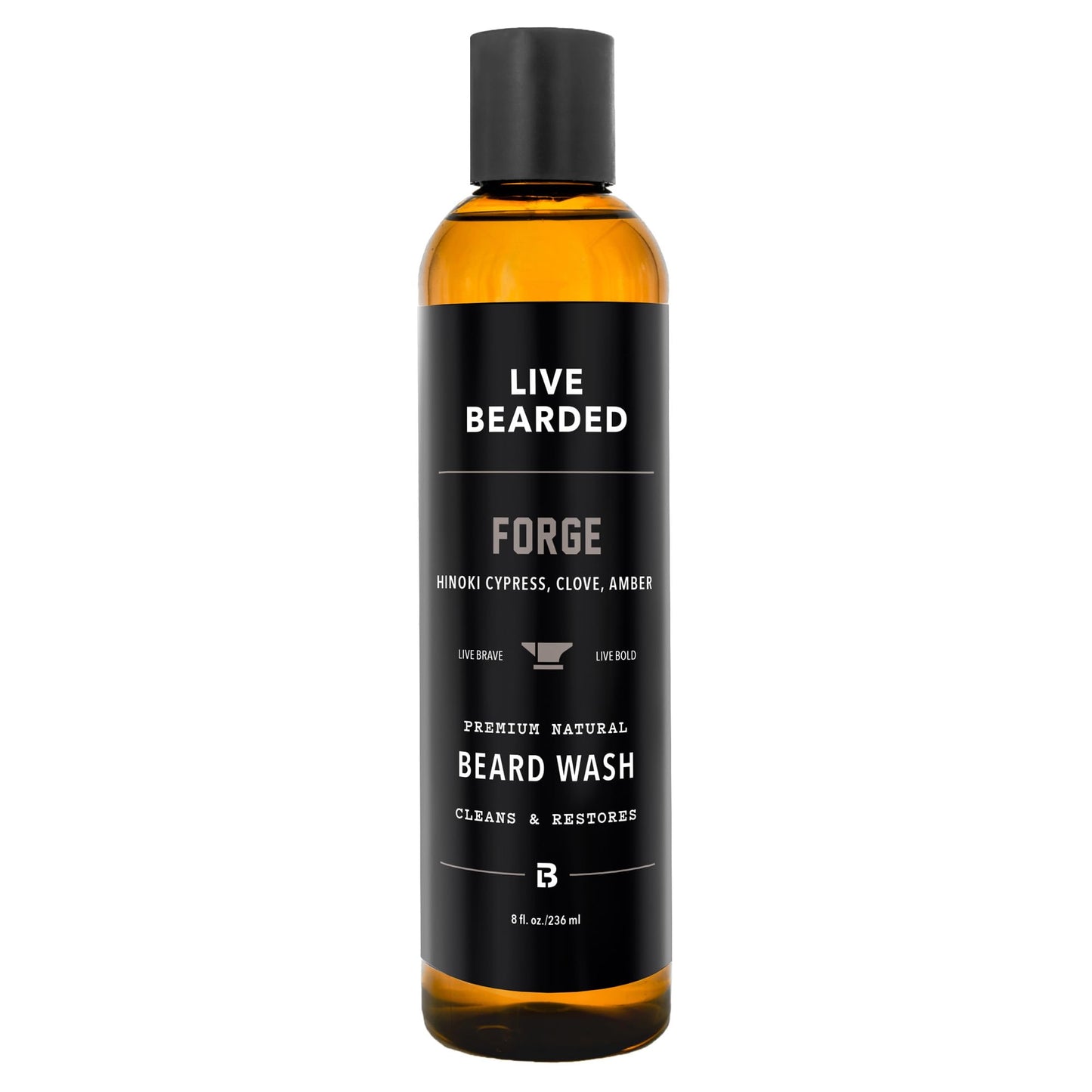 Live Bearded Beard Wash, 8 fl oz - Water-Based Face Cleanser with All-Natural Ingredients for a Gentle, Deep Clean - Made in the USA | Forge Scent - Hinoki Cypress, Clove, Amber