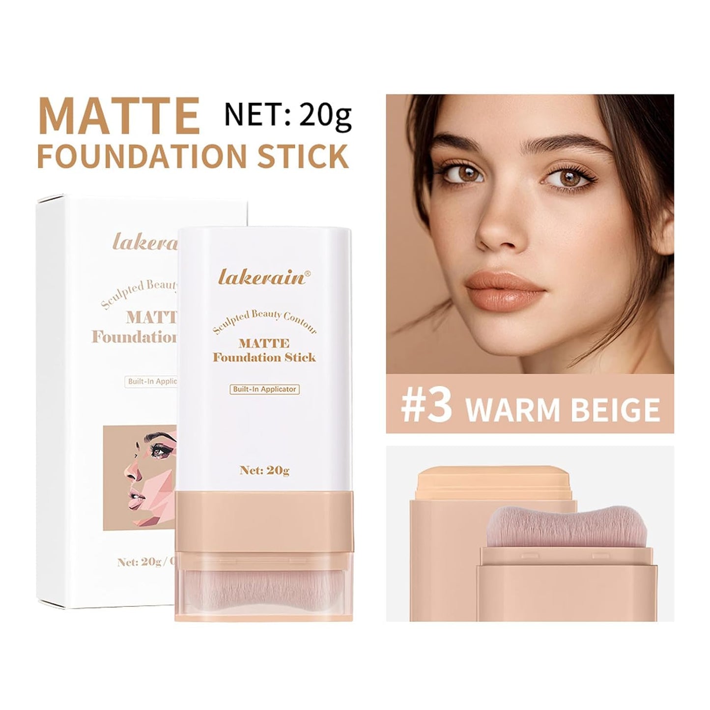 Beauty Balm Serum - Dual-Ended Eraser Foundation Stick with Brush | Full Coverage Korean Makeup in #3 Warm Beige