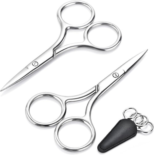 Professional Eyebrow & Facial Hair Scissors - 2-Pack Stainless Steel Precision Grooming Kit | 3.5” Straight Tip for Eyebrows, Beard, Nose & Mustache