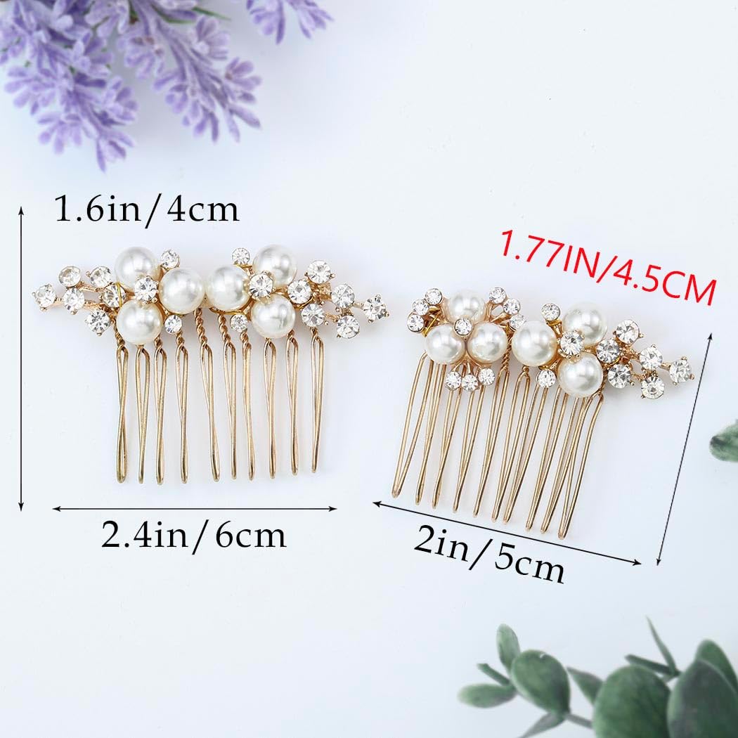 EVAZEN Pearl Wedding Hair Accessories Bridal Hair Comb Rhinestone Bride Hair Clip for Women(2 pcs)(Gold)