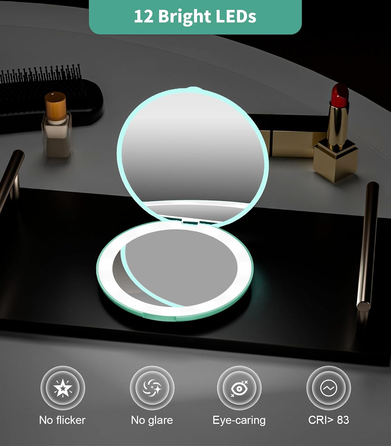 LED Travel Makeup Mirror - 1x/10x Magnification, Compact & Portable | 3.5-Inch, Folding, Handheld, Round, Cyan