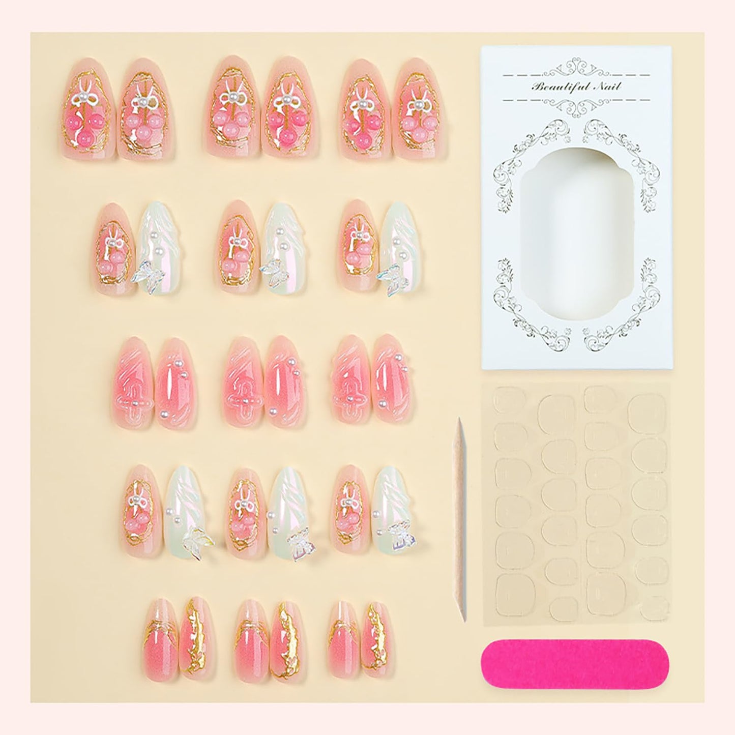 Flower Press-On Nails - 30Pcs Medium Almond Acrylic with Butterfly Pearl Designs | Spring Floral 3D Art