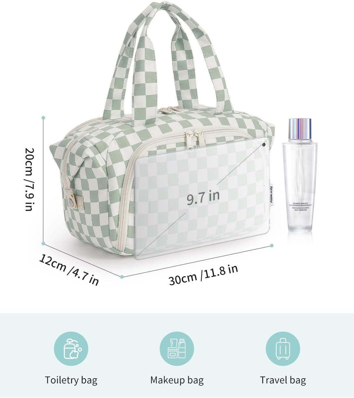 Travel Toiletry Bag for Women - Checkered Makeup Organizer with Handle | Large Size, Wet Pocket (Green Checker)