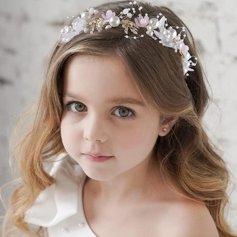 LAPOHI Bridal Flower Crown and Wrist Corsage Set with Pearl and Rhinestones