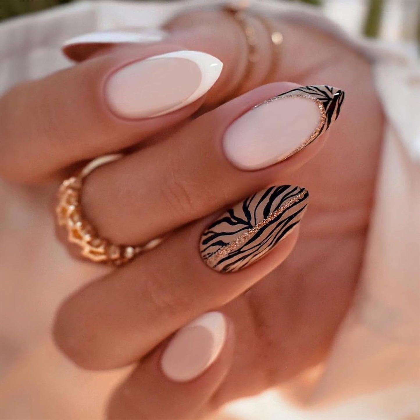 Press On Nails - Orange Almond Shape with Gold Glitter Swirl | 24 Pcs Acrylic Fake Nails for Women