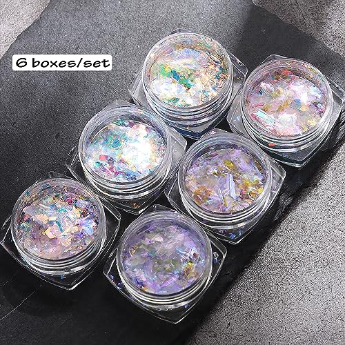 Opal Flakes Set-1 - Iridescent Chrome Nail Powder & Holographic Glitter for Nail Art, 6 Boxes