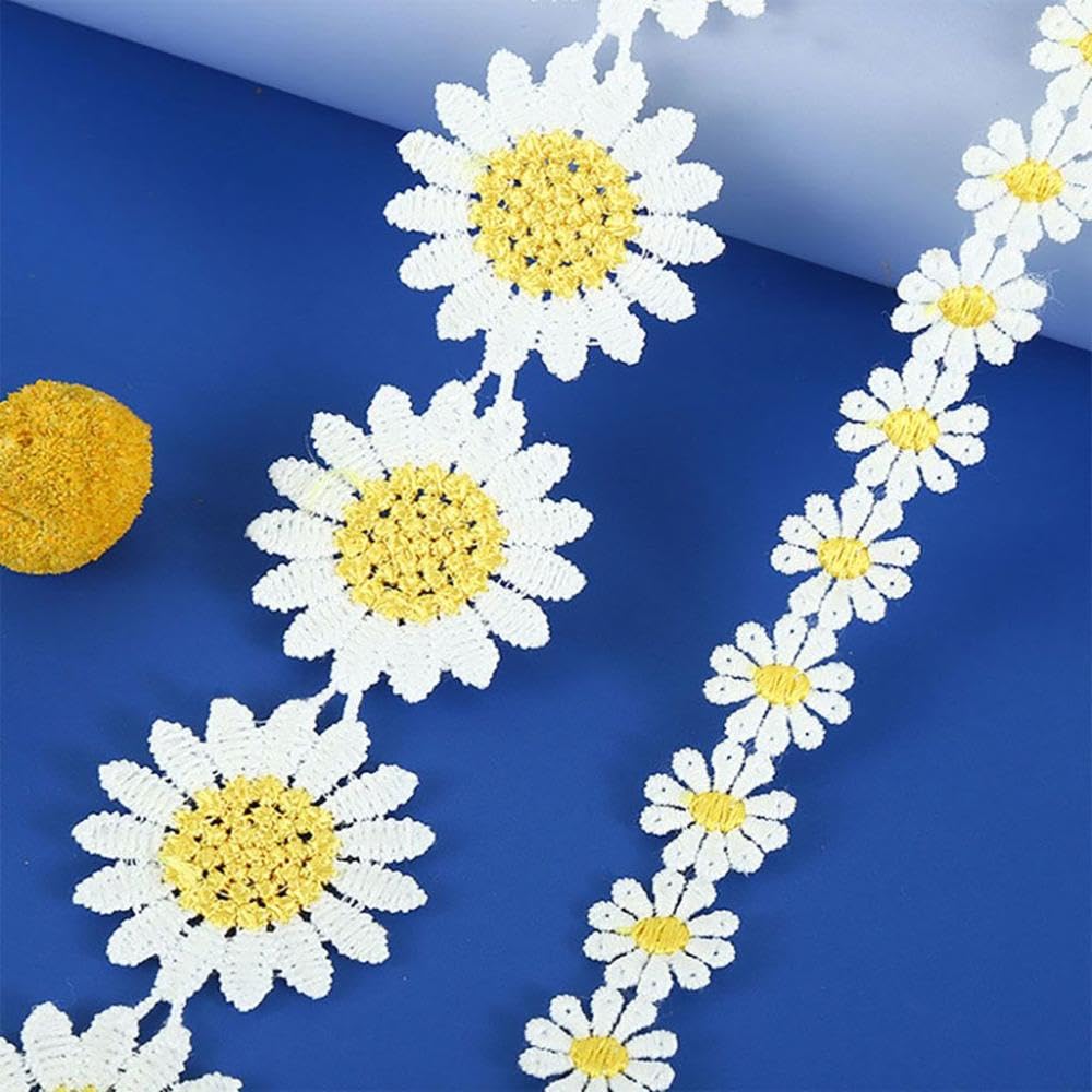 Daisy Lace Trim Bright Ribbon Headwear Decor Small Yellow Flower Embroidered Handmade DIY Sewing Trimming Decor(E)