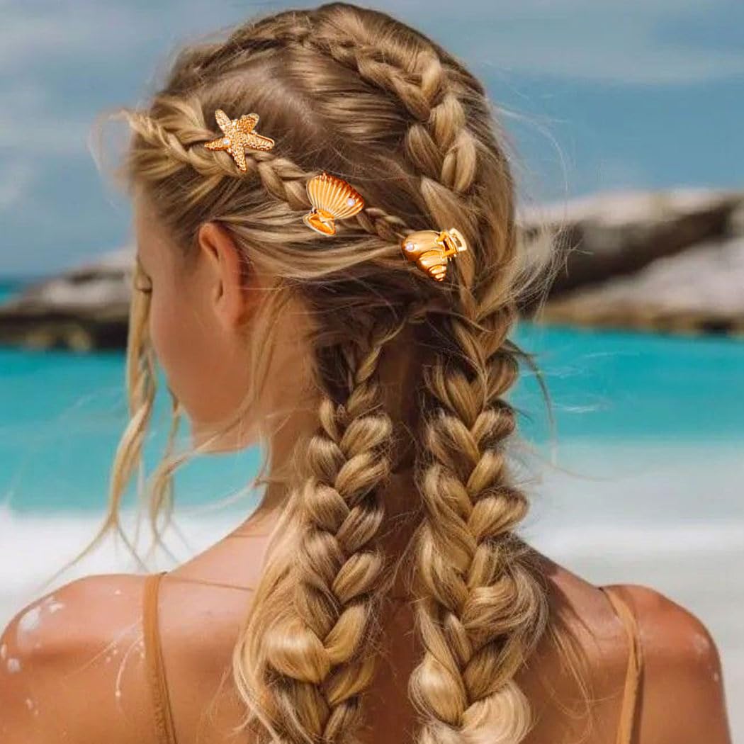 Banatra Starfish Hair Clips Gold Small Metal Claw Clips Mini Shell Beach Hair Accessories for Women and Girls (Pack of 3）