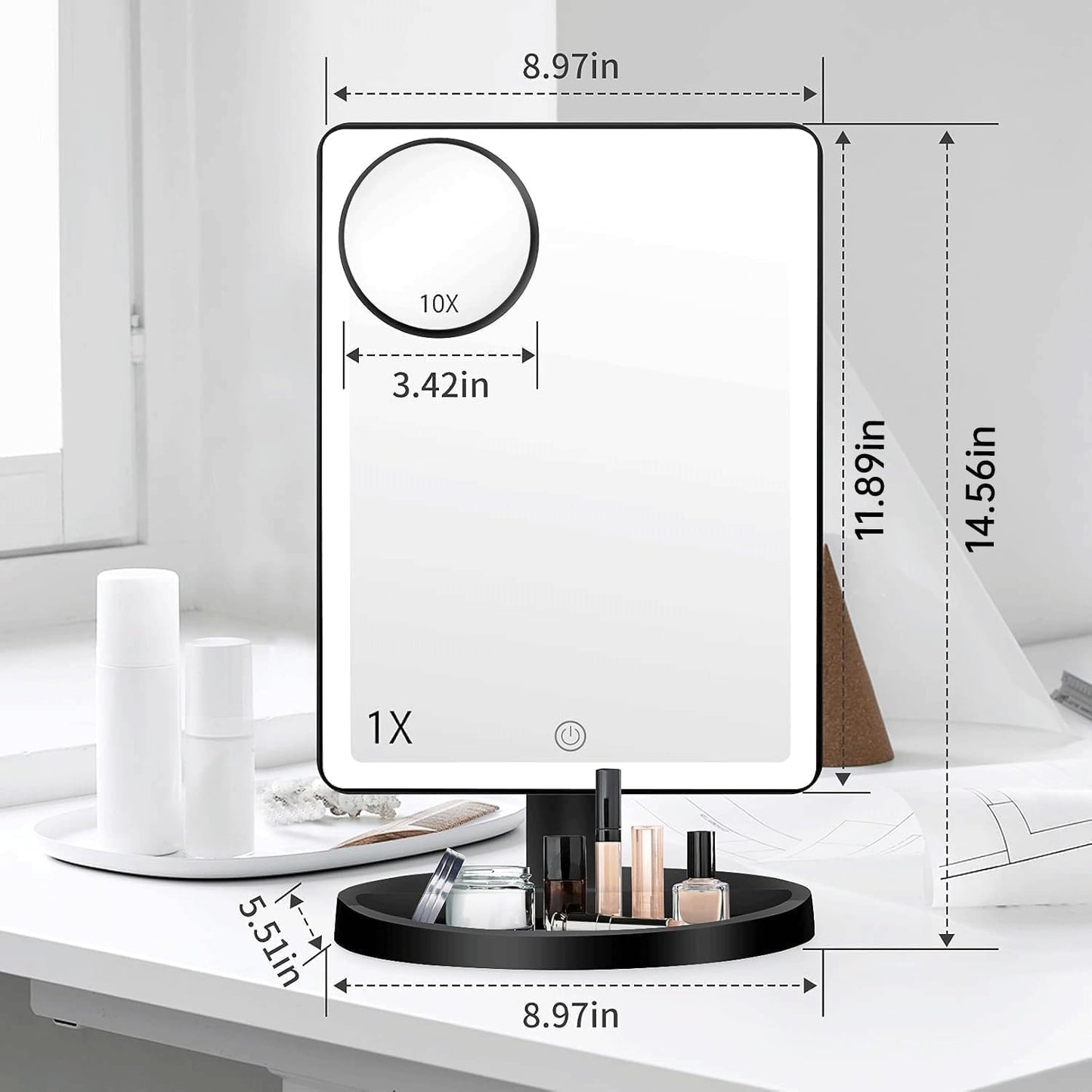 Large Lighted Makeup Mirror - 3 Color Modes, 88 LED, 10X Magnification | 360° Rotation, Touch Screen (Black)