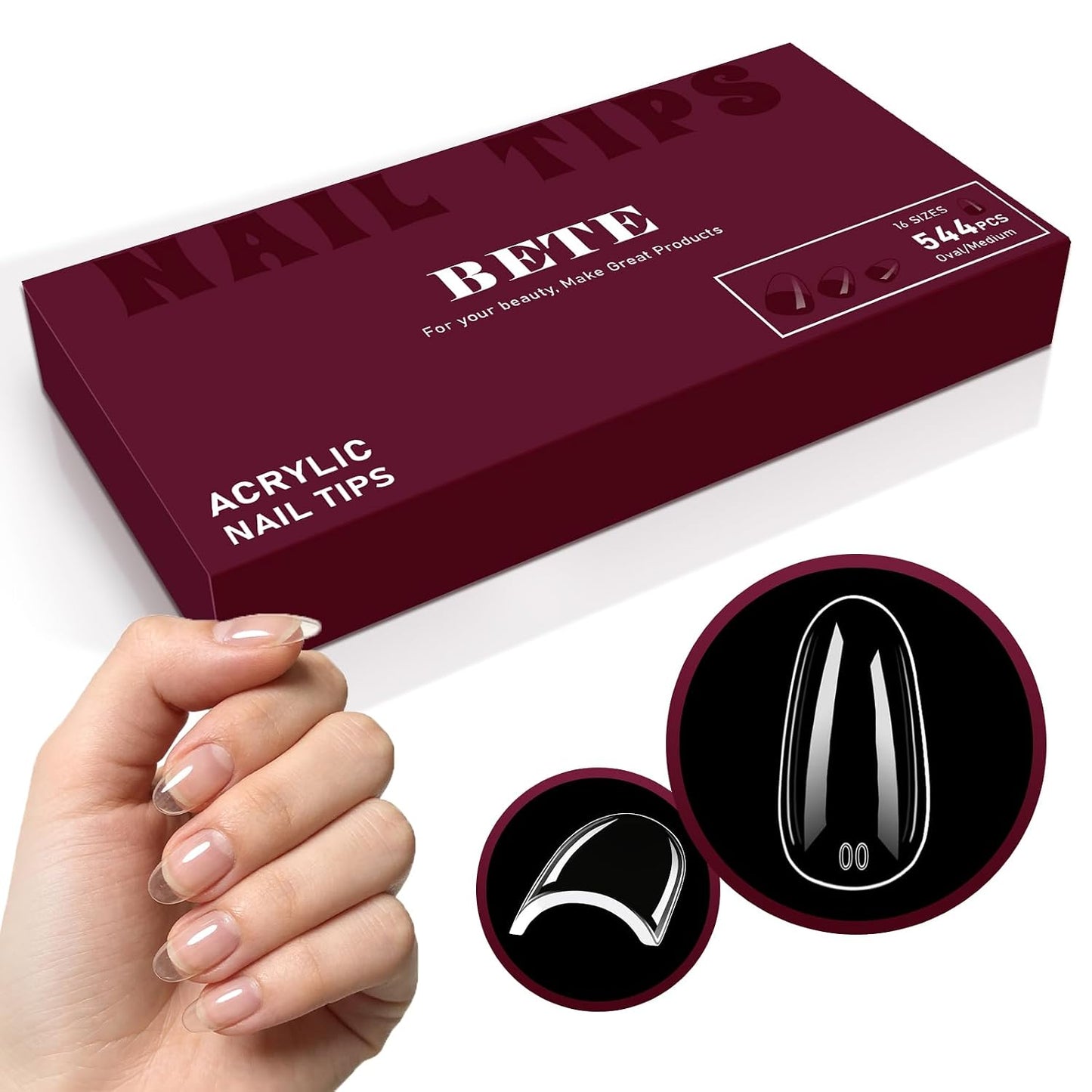 Medium Almond Clear Acrylic Nail Tips - 224 Pcs in 16 Sizes | Pre-Shaped Strong Press-On Nails for DIY Manicure