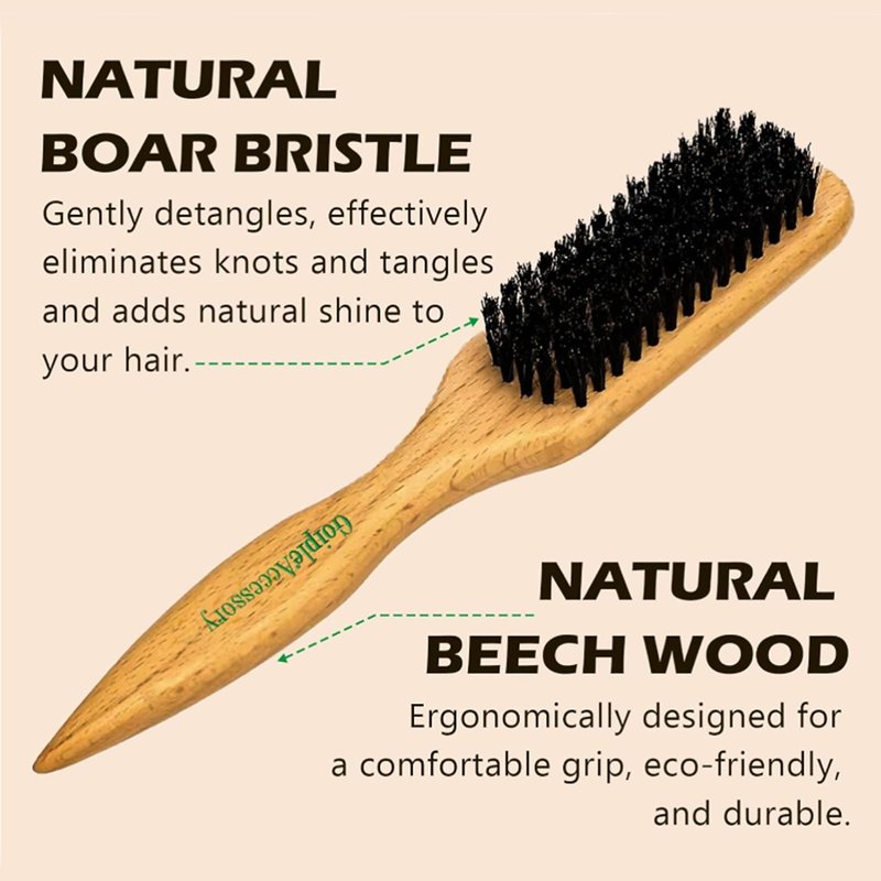 Boar Bristle Slick Back Hair Brush for Sleek Ponytail Bun & Smoothing Baby Hairs & Flyaways - Soft Boar Brush Hair Comb for Women & Men - Teasing Hairbrush with Wide Rat Tail for Sectioning & Parting