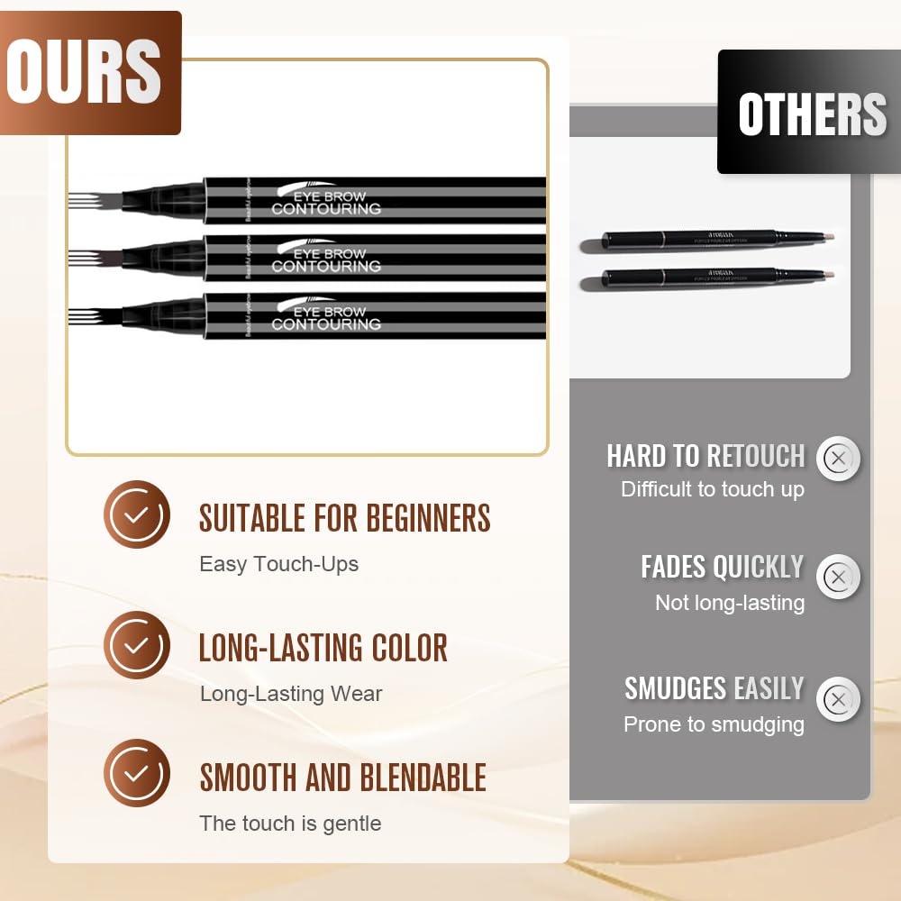 Waterproof Eyebrow Pencil - Four Tip Micro Fork Design for Natural Contouring | 2-Pack Black