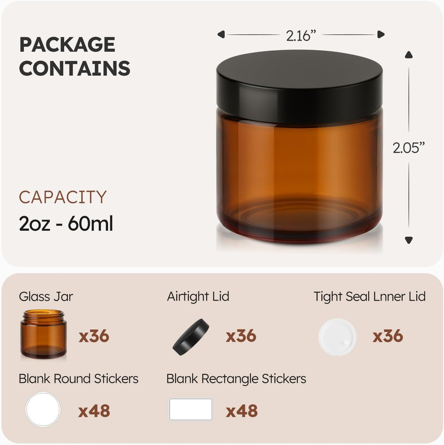 Amber Glass Jars - 2 oz Leakproof Containers with Black Lids | 36 Pack for Lotions, Powders & Candle Making