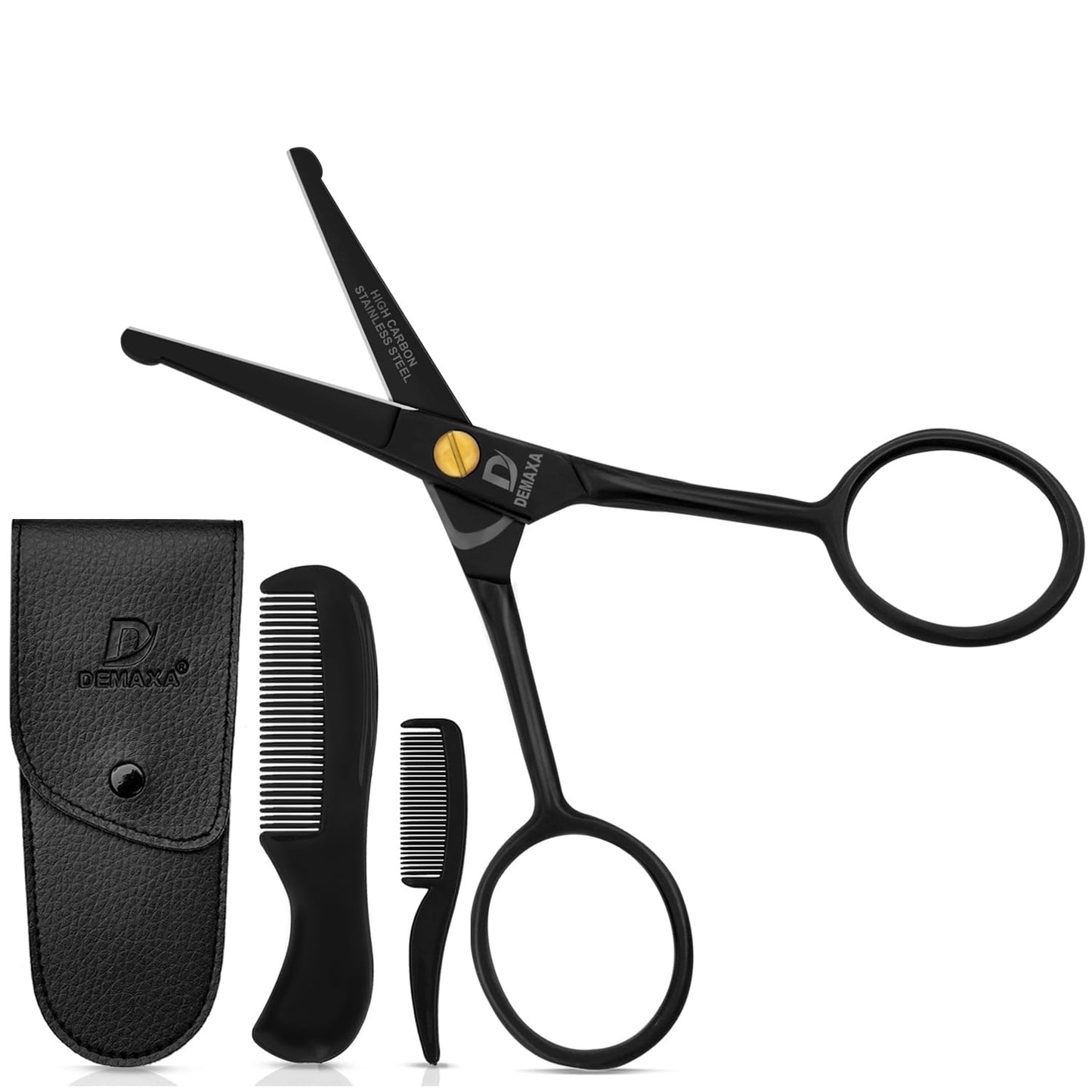 DEMAXA 4.5" Round Tip Safety Mustache Scissors Beard Scissors with 1 Mustache Comb, 1 Beard Comb & Soft Pouch – Best Facial Hair Shears for Beard Mustache Trimming Nose & Ear Hair