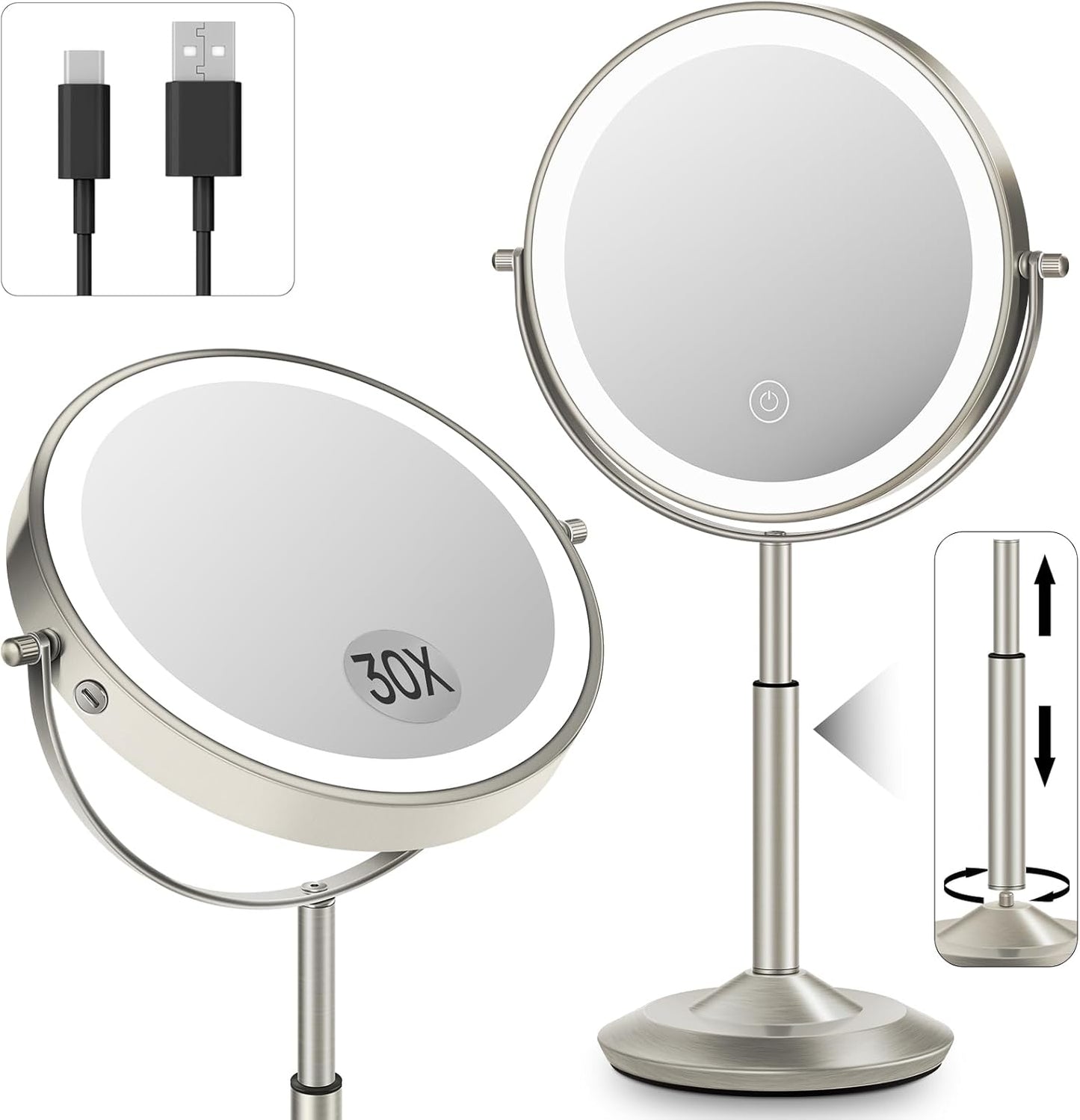 Makeup Mirror with Lights - 1X/30X Adjustable Magnifying Vanity Mirror | Rechargeable, Double-Sided, 3 LED Brightness Options
