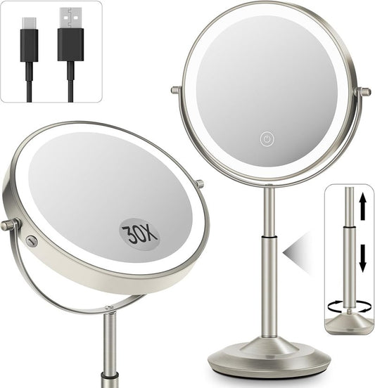 Makeup Mirror with Lights - 1X/30X Adjustable Magnifying Vanity Mirror | Rechargeable, Double-Sided, 3 LED Brightness Options