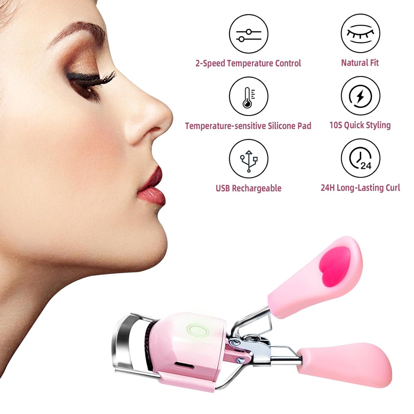 Heated Eyelash Curler - USB Rechargeable Electric Lash Curler with Silicone Pad | Long-Lasting Makeup Tool for Women
