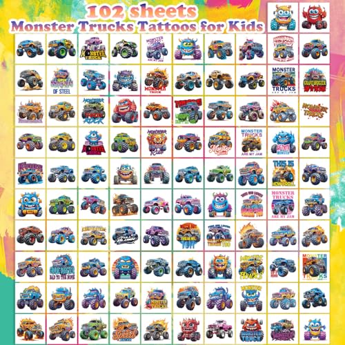 102 Pcs Kids Monster Truck Temporary Tattoos Waterproof & Easy to Apply