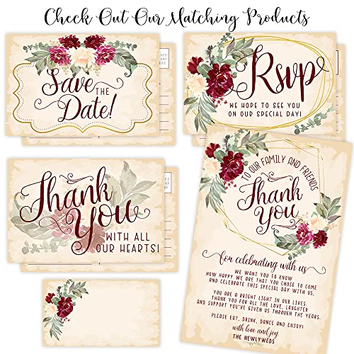 Burgundy Roses RSVP Postcards - Wedding Invitation Kit of 50