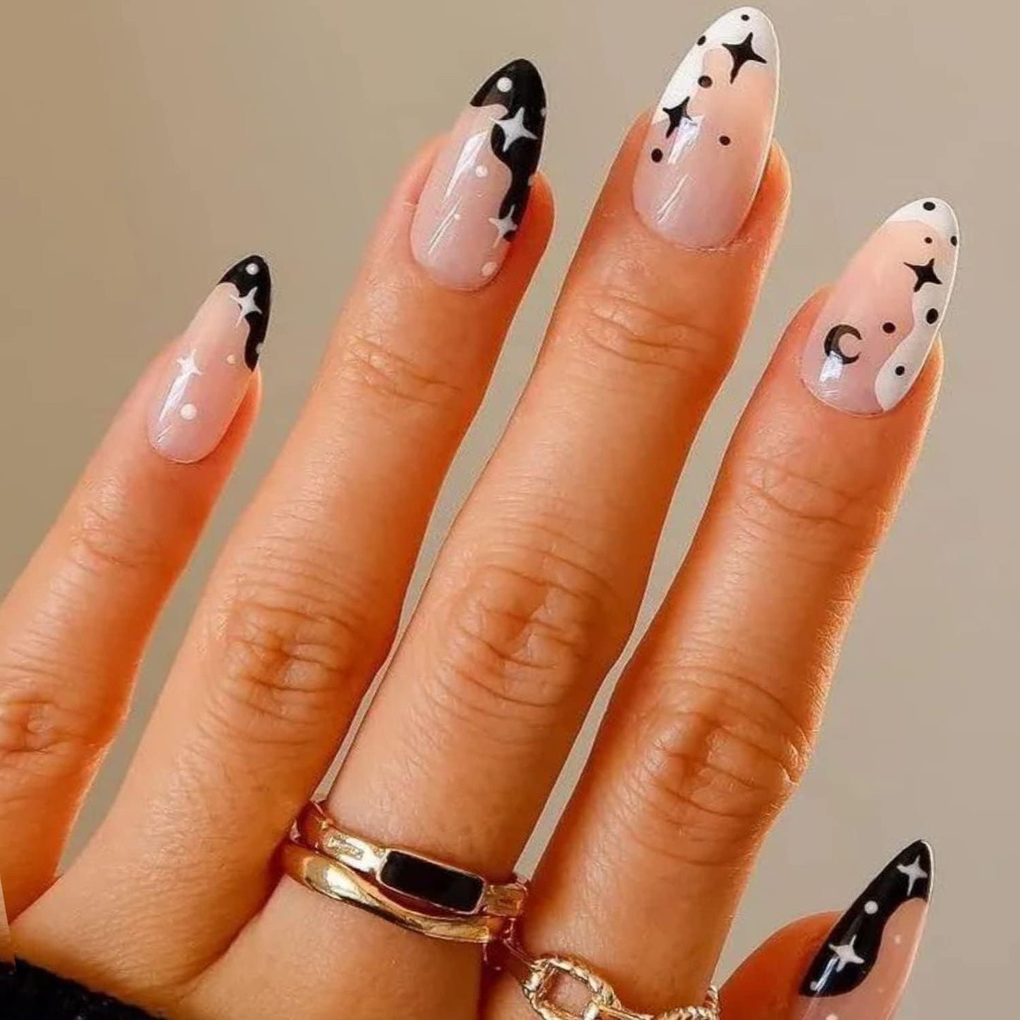 Press On Nails | Medium Almond White Ombre Gel False Nails - Reusable Short Stiletto & Oval Acrylic Manicure Set